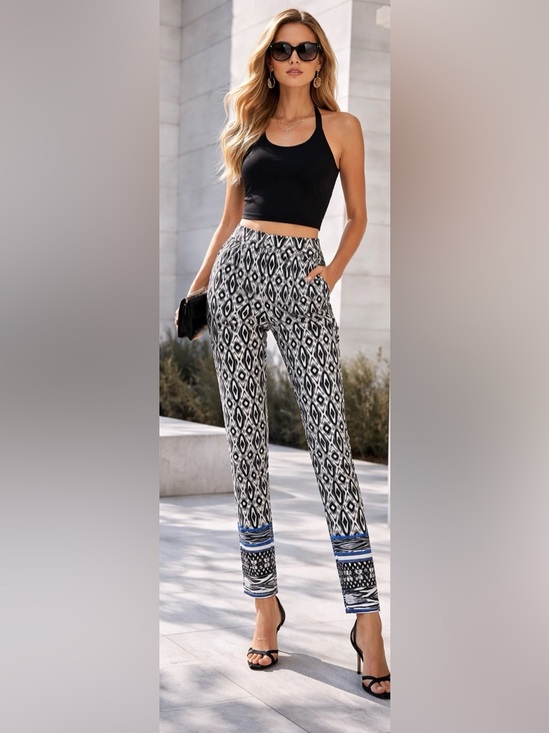 bebe Pants - Geometric Print Slim Pants Blue Accent Made in USA Size M